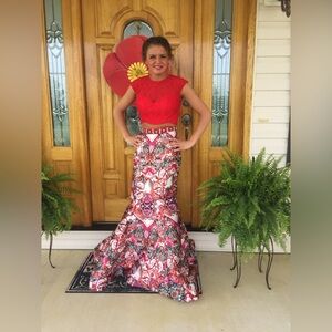 Red Cap Sleeve Crop Top with High Neckline